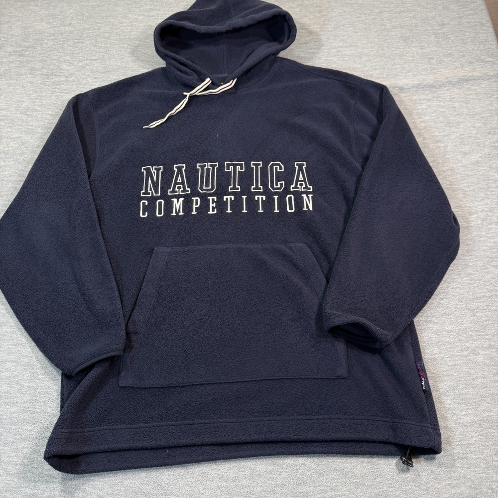 Nautica Competition Hoodie Men Large Blue Fleece Pullover Spell Out Logo‎